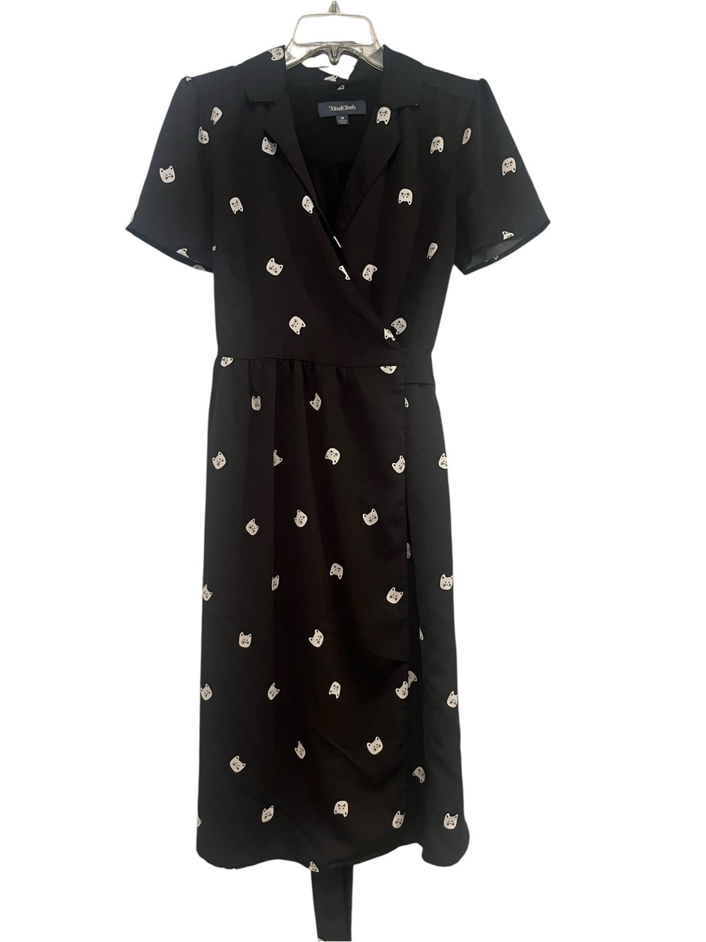 Modcloth "Tied and Timeless" Black Midi Wrap Dress with White Kitty Cat Print - Picture 2 of 11